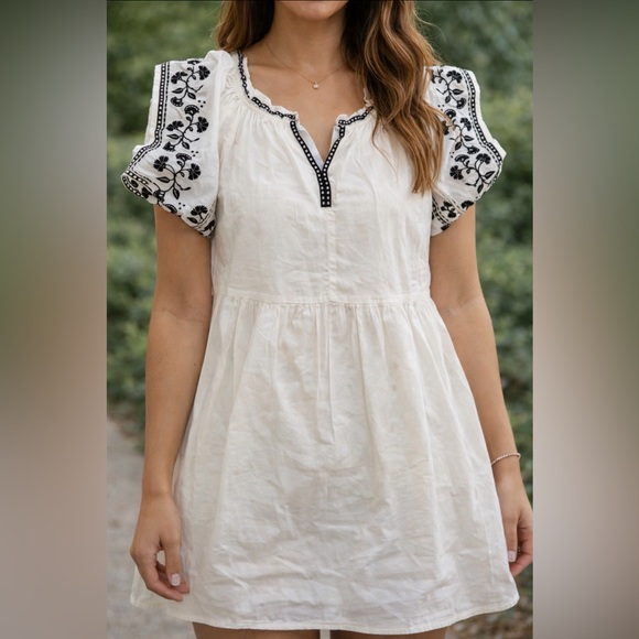 Dresses & Skirts - White Dress with Black Floral Embroidery